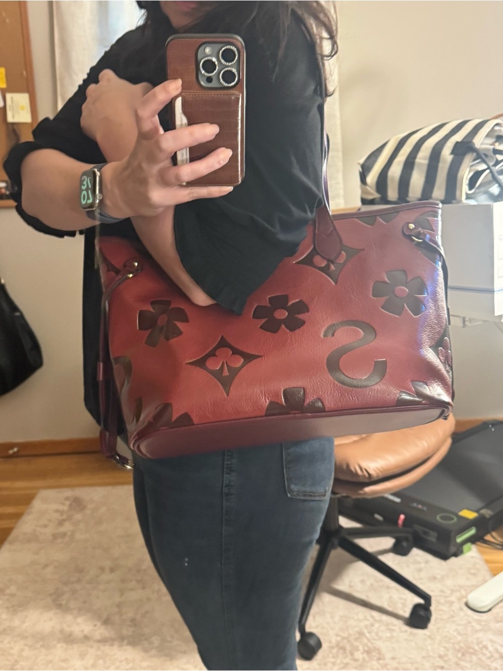 Red Embossed Floral Vegan Leather Tote with Contrast Accents - Picture 17 of 17